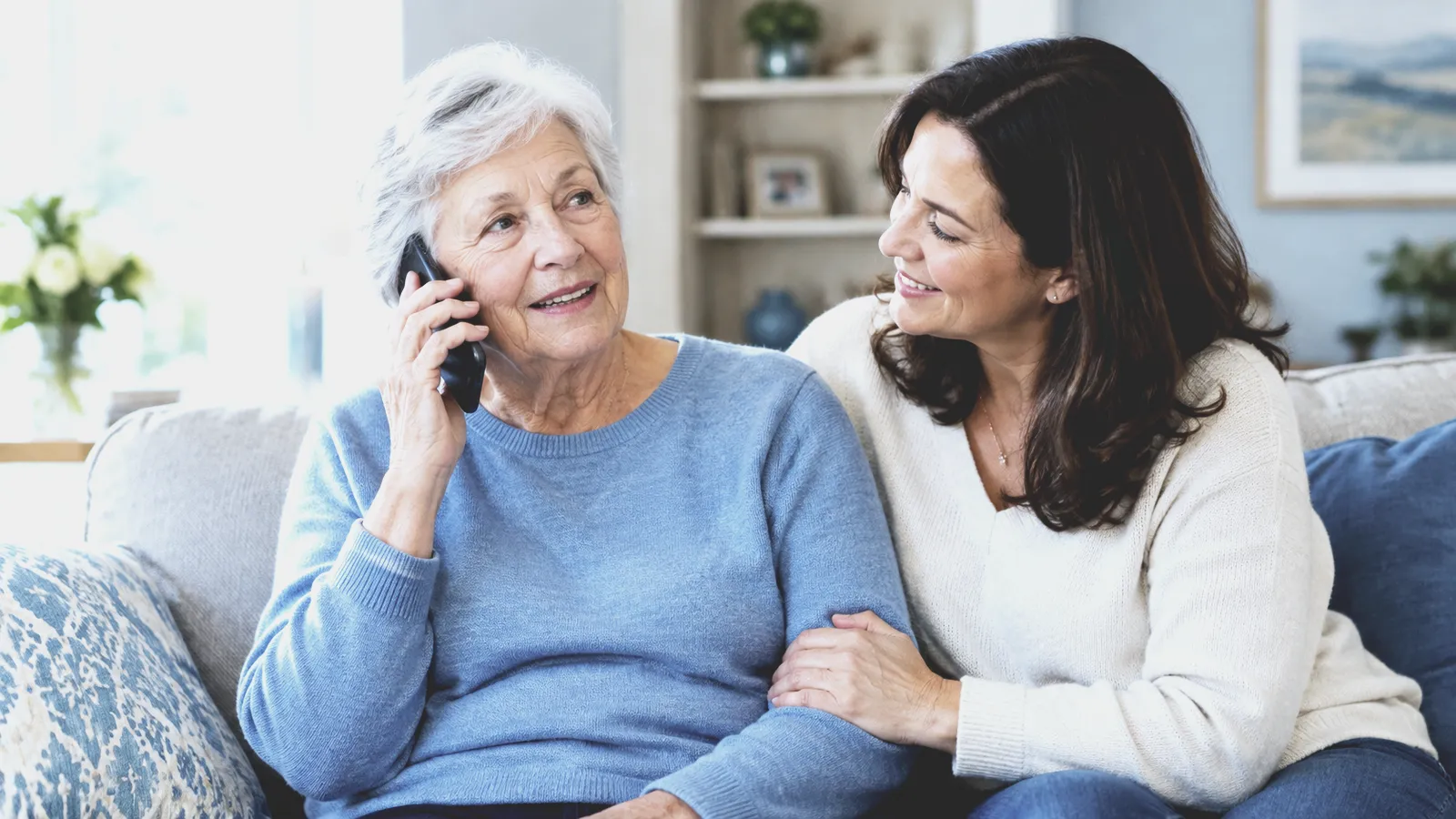 An older woman talks on the phone on her sofa while her daughter sits close, holding her arm