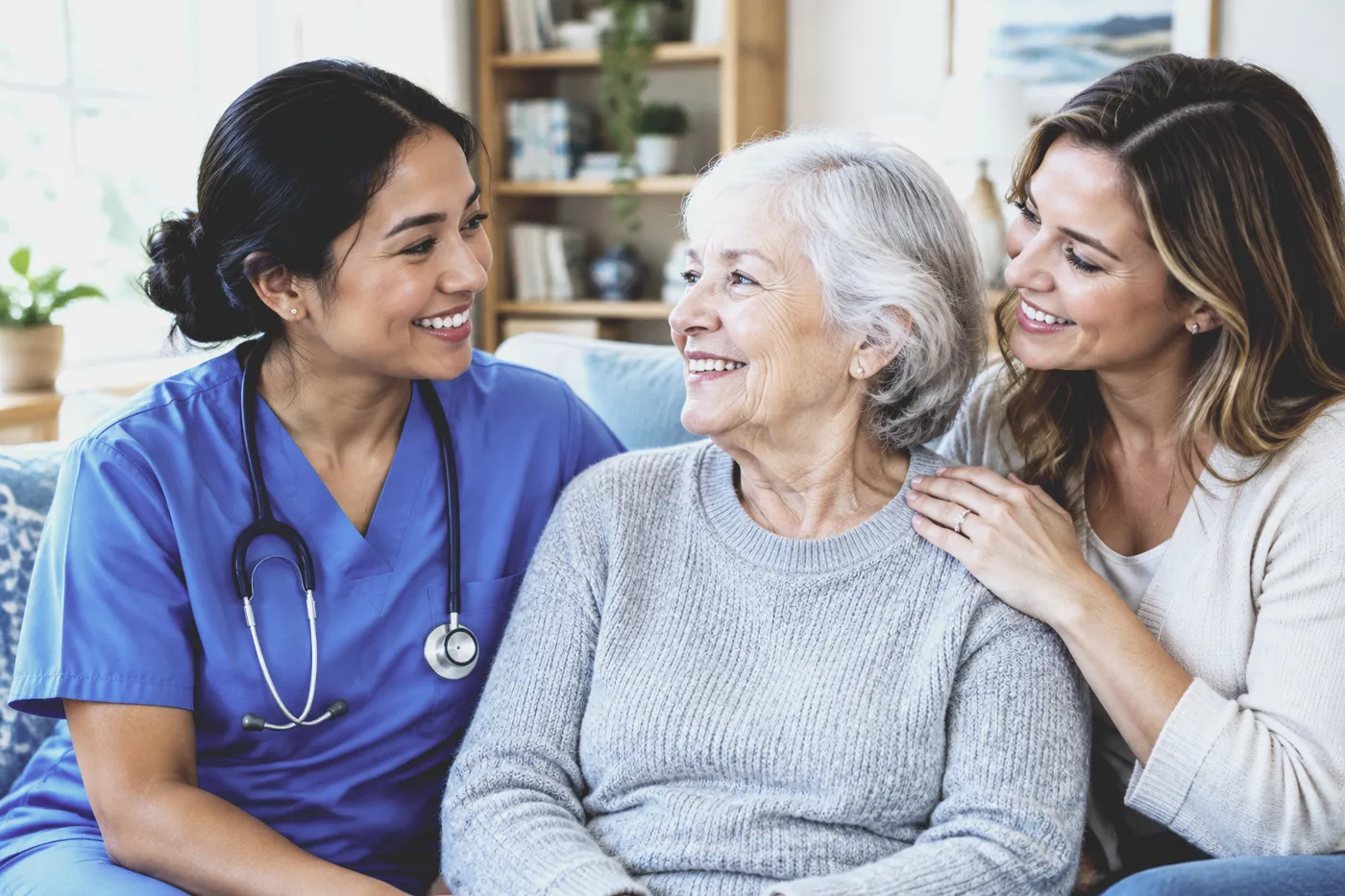 A smiling nurse in blue scrubs sits with an older woman on her sofa while the woman's daughter rests a hand on her shoulder