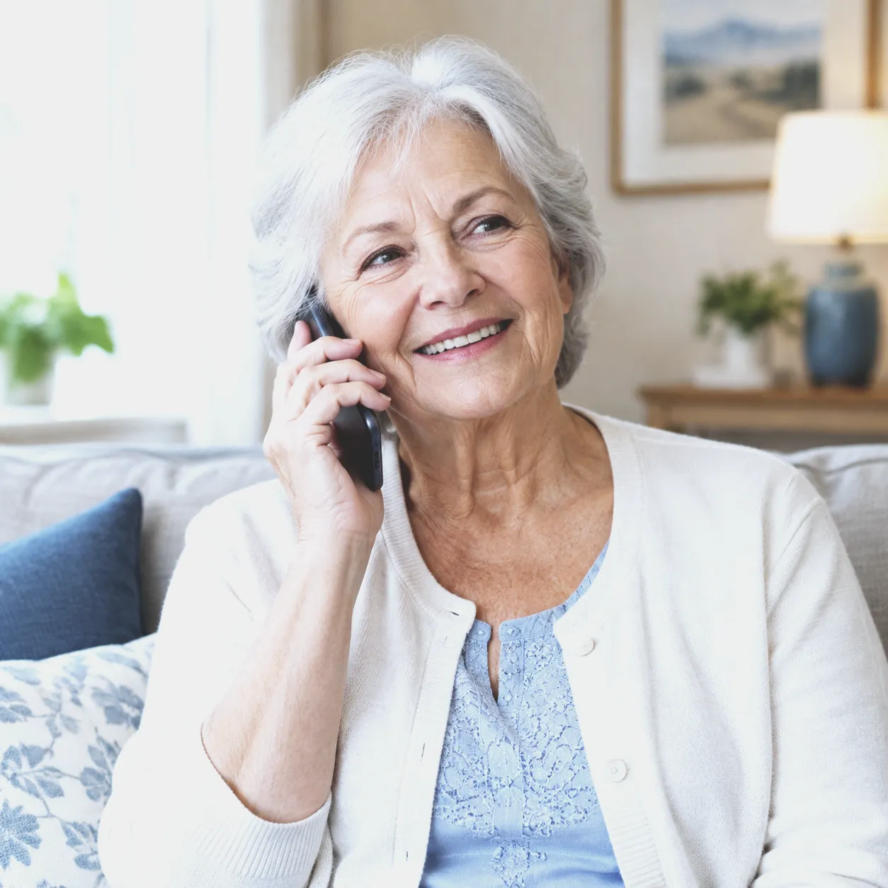 An older woman smiles as she talks on the phone on her sofa