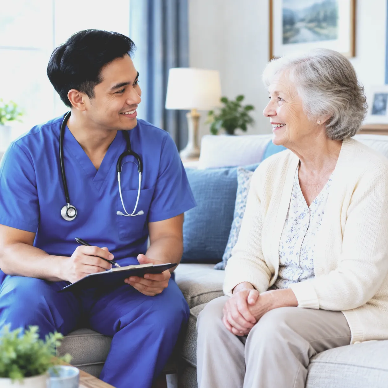 A nurse with a clipboard talks with an older woman on her sofa