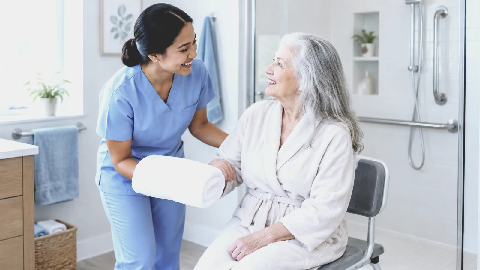 An aide in blue scrubs offers a rolled towel to a smiling older woman in a robe on a shower chair