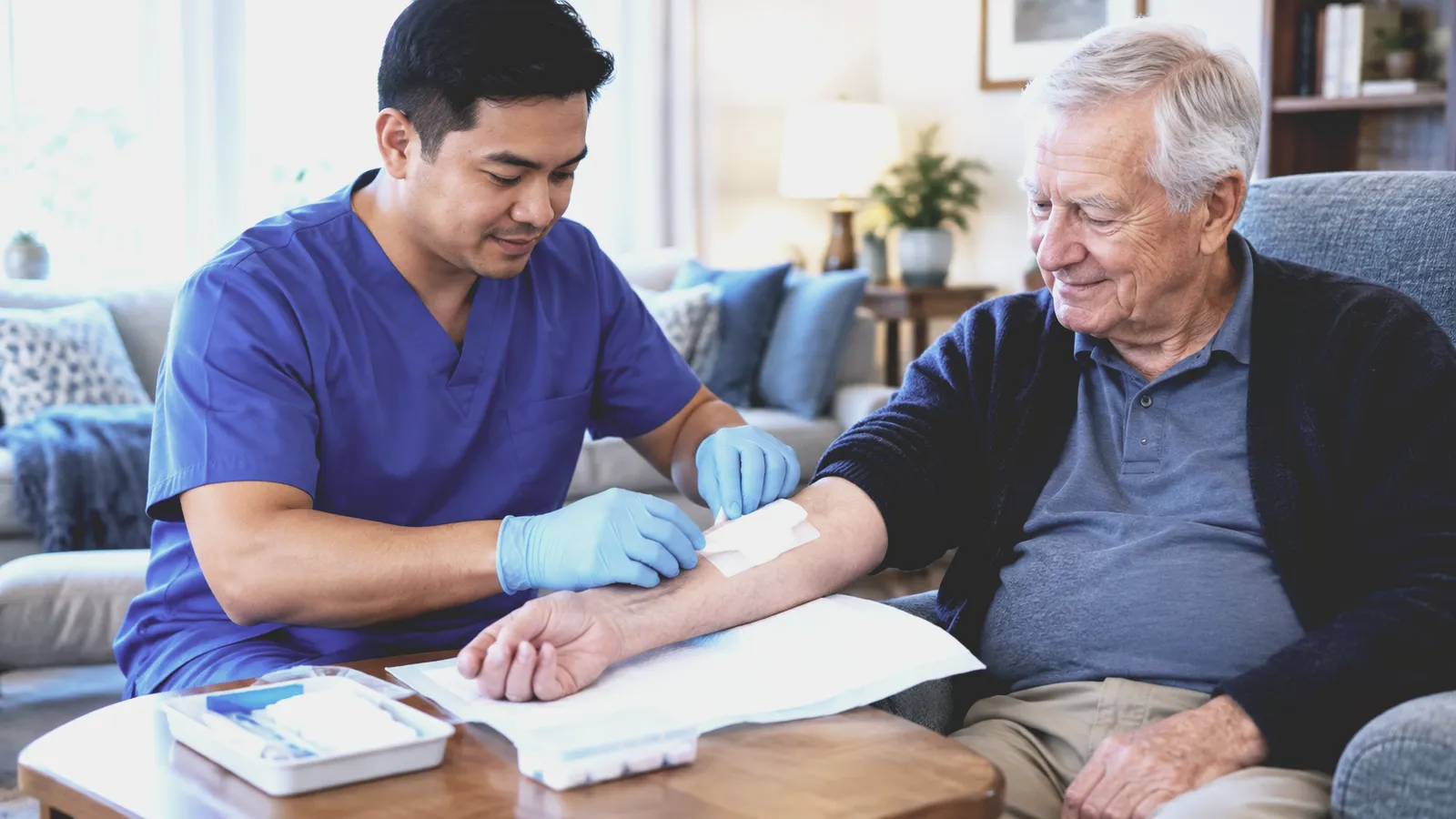 A nurse in blue scrubs and gloves dresses a wound on an older man's forearm in his living room