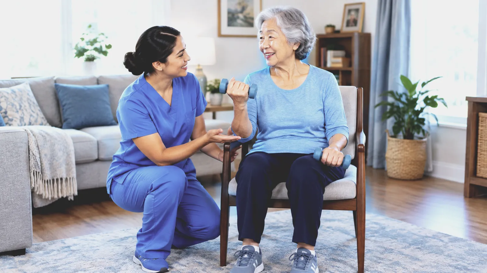 A therapist kneels beside a smiling older woman lifting small hand weights in a chair in her living room