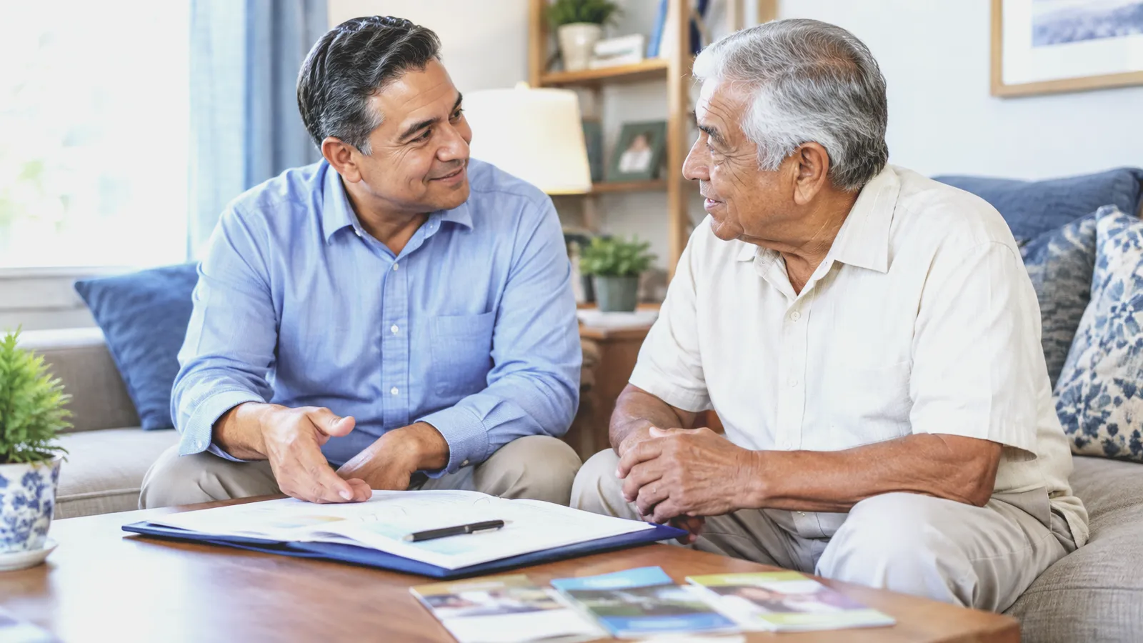 A social worker in a blue shirt goes through a folder of resources with an older man in his living room