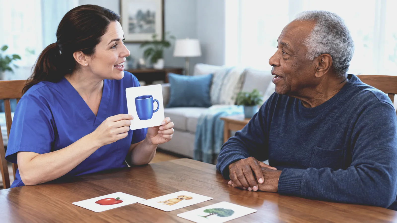 A therapist holds up a picture card of a mug as an older man names it at the dining table