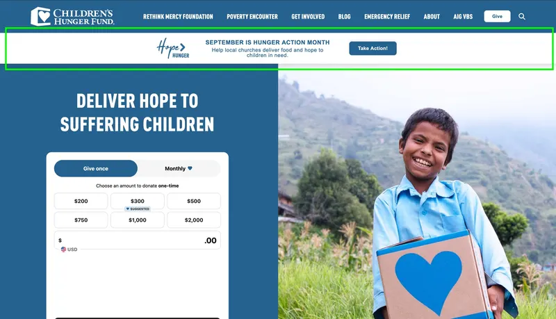 Hunger Action Month banner on the Children's Hunger Fund homepage