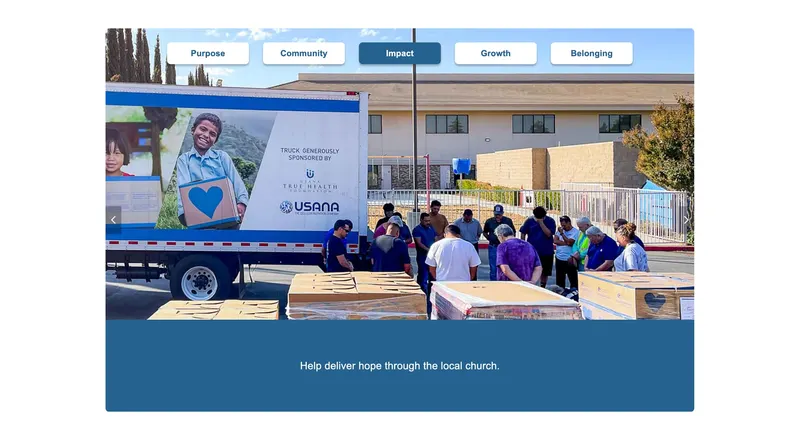 Tabbed story section: purpose, community, impact, growth, belonging