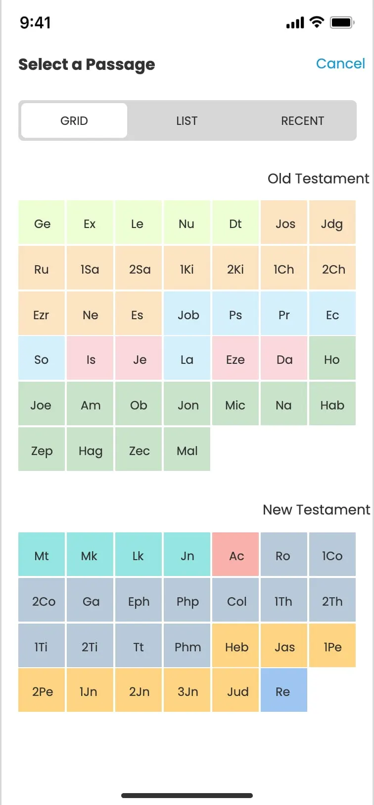 The Study Bible app — Navigate: grid view