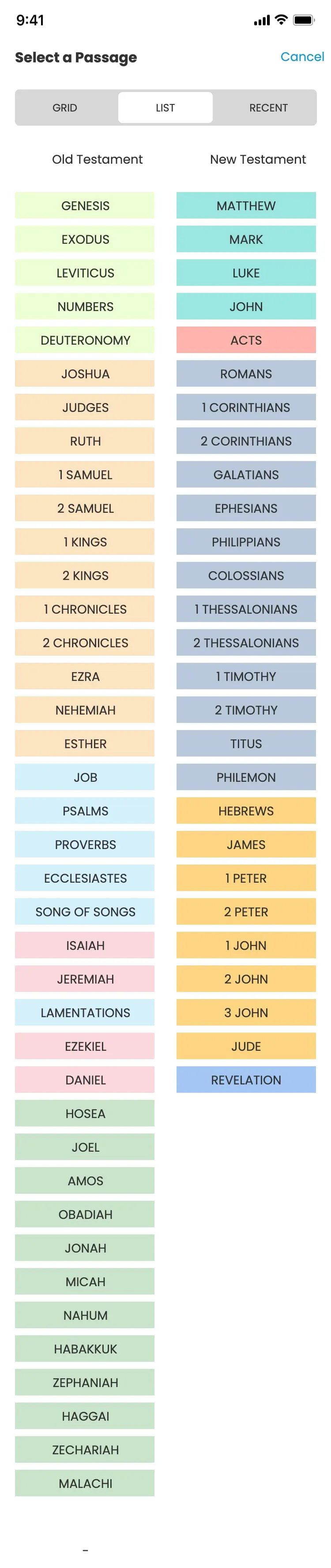 The Study Bible app — Navigate: list view