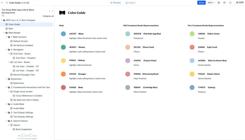 The Study Bible app handoff file in Axure: the color guide and the full page tree of the prototype