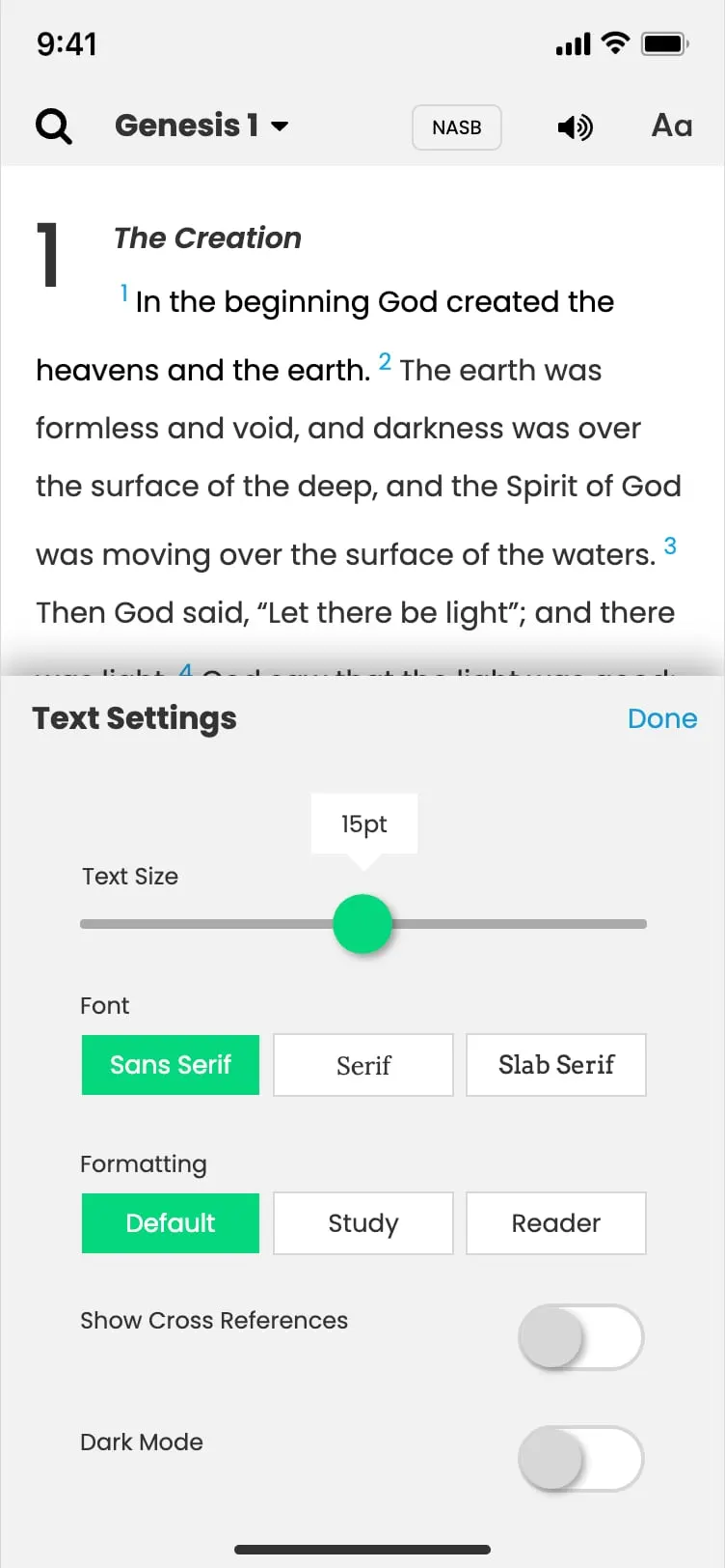 The Study Bible app — Text settings