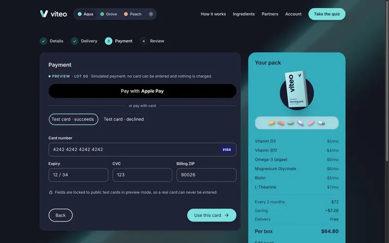 Viteo — Payment: wallet or locked test card