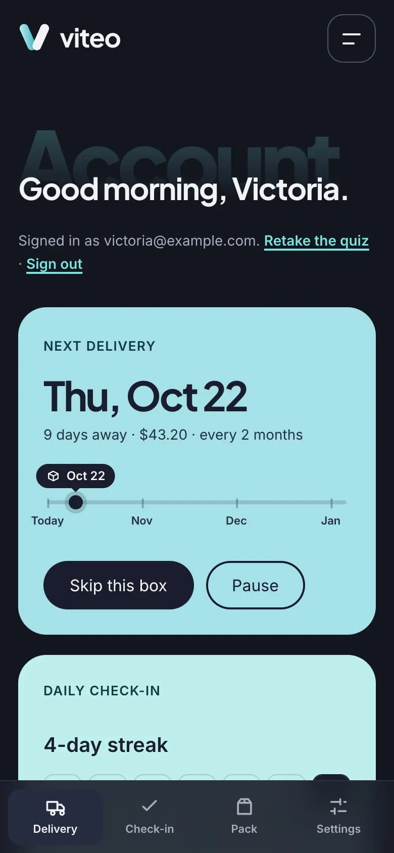 Viteo on a phone — Account with a tab bar