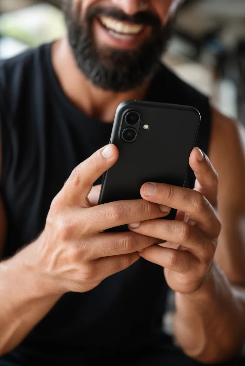 A smiling trainer holding a phone